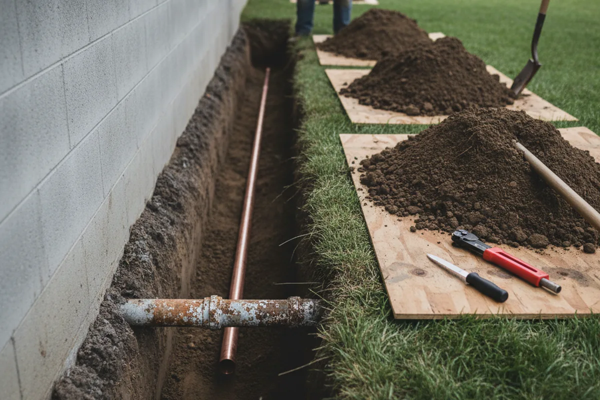 Excavated water line trench during Water Softener Installation in Ucon
